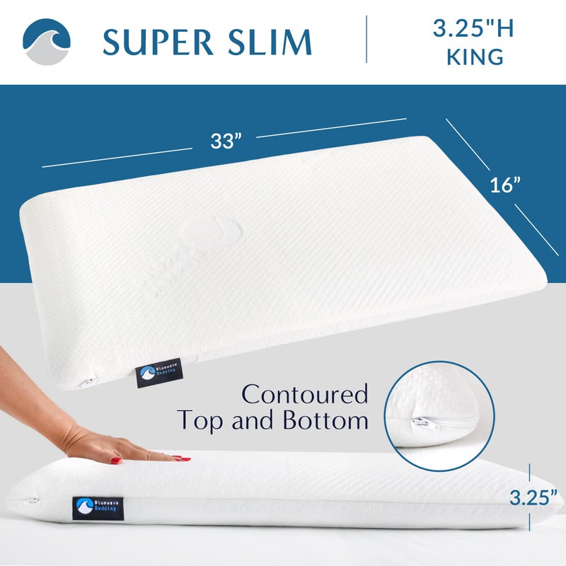 Bluewave Bedding Super Slim Gel Memory Foam Pillow for Stomach and Back Sleepers - Thin, Flat Design for Cervical Neck Alignment and Deeper Sleep (3.25-Inches Height, King Size) - Image 2